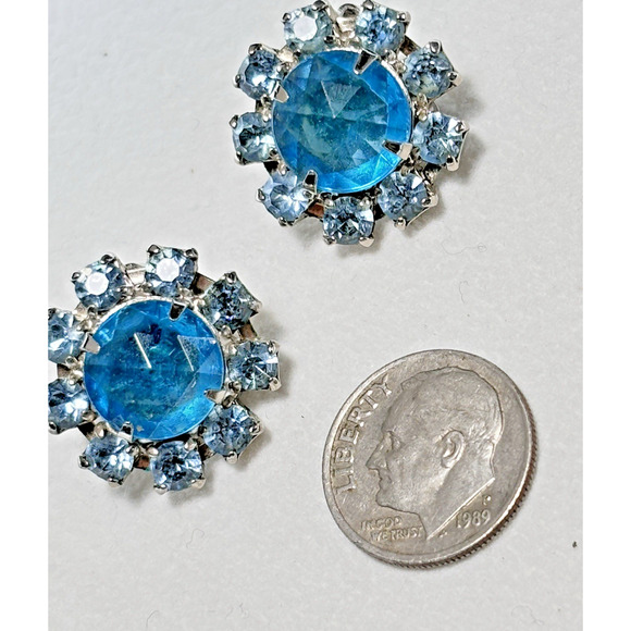 Vintage Blue Rhinestone Prong Set Clip On Earrings Silver-tone - Picture 7 of 15